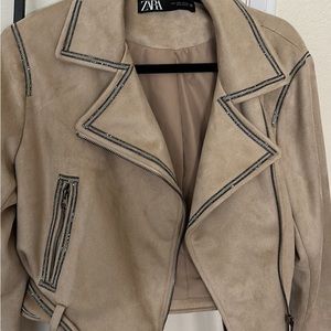 Zara Taupe colored motorcycle jacket faux suede material rhinestones lining